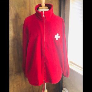 Red fleece zip front jacket with Swiss Cross